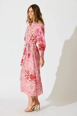Discount Tessa Maxi Shirt Dress in Pink with Red Cotton Blend Dresses|Party