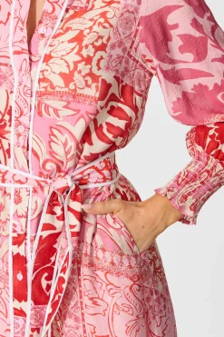 Discount Tessa Maxi Shirt Dress in Pink with Red Cotton Blend Dresses|Party