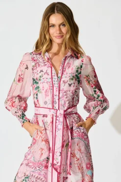 New Tessa Maxi Shirt Dress in Pink Floral Cotton Blend Dresses|Party
