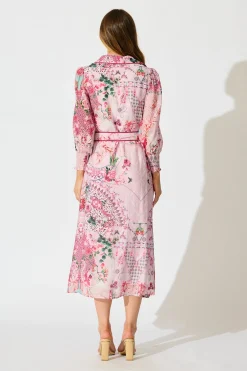 New Tessa Maxi Shirt Dress in Pink Floral Cotton Blend Dresses|Party