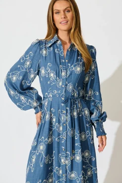 Best Thread and Soul Maxi Shirt Dress in Blue Chambray Embroidery Dresses|Casual
