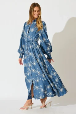 Best Thread and Soul Maxi Shirt Dress in Blue Chambray Embroidery Dresses|Casual