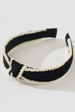 Discount Tonia Beaded Knot Textured Headband in Black with Cream Hair Accessories