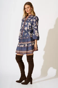 Sale Torie Dress in Navy with Cream Floral Linen Blend Dresses|Casual