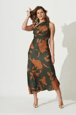 Online Toulon One Shoulder Maxi Dress In Khaki With Rust Leaf Print Pleated Satin Dresses|Formal