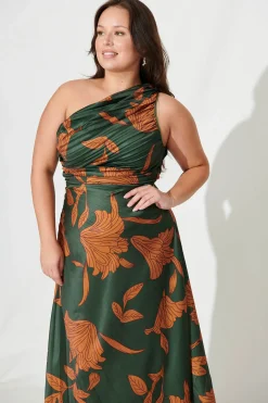 Online Toulon One Shoulder Maxi Dress In Khaki With Rust Leaf Print Pleated Satin Dresses|Formal