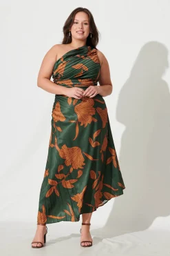 Online Toulon One Shoulder Maxi Dress In Khaki With Rust Leaf Print Pleated Satin Dresses|Formal