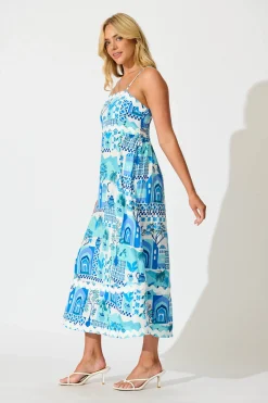 Clearance Treviso Maxi Sundress In Blue Multi with Ric Rac Trim Dresses|Casual