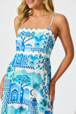 Clearance Treviso Maxi Sundress In Blue Multi with Ric Rac Trim Dresses|Casual