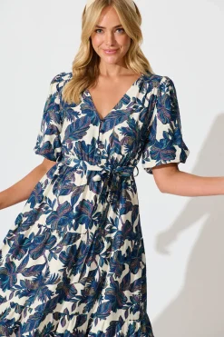 Hot Tris Midi Dress in White with Blue Multi Leaf Dresses|Casual