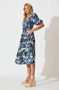 Hot Tris Midi Dress in White with Blue Multi Leaf Dresses|Casual