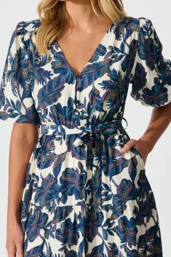 Hot Tris Midi Dress in White with Blue Multi Leaf Dresses|Casual