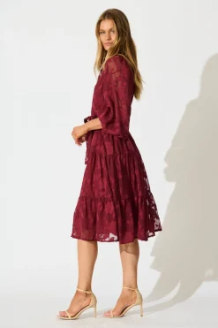 Best Twilight Midi Dress in Wine Floral Burnout Chiffon Dresses|Party