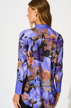 Sale Twilight Peony Shirt in Blue with Multi Satin Tops|Party & Occasion