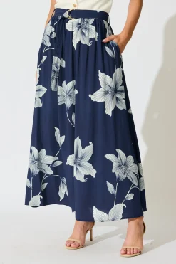 Sale Tyra Maxi Skirt in Navy with White Floral Print Bottoms|Skirts & Shorts