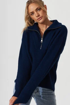 Fashion Uma Zip Athleisure Knit In Navy Wool Blend Knitwear|Knitwear