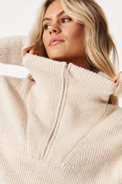 Fashion Uma Zip Athleisure Knit in Beige Knitwear|Knitwear