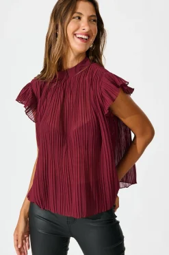 Outlet Vada Top in Wine Pleated Chiffon Tops|Workwear
