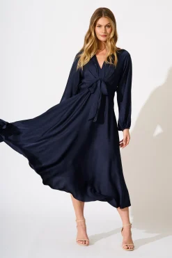 Best Veiled Illusion Maxi Dress in Navy Satin Dresses|Party