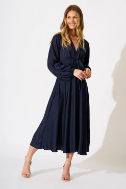 Best Veiled Illusion Maxi Dress in Navy Satin Dresses|Party