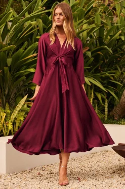 New Veiled Illusion Maxi Dress in Wine Satin Dresses|Party