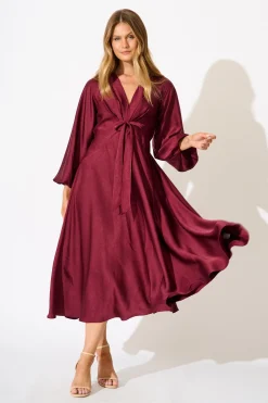 New Veiled Illusion Maxi Dress in Wine Satin Dresses|Party