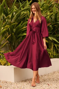 New Veiled Illusion Maxi Dress in Wine Satin Dresses|Party