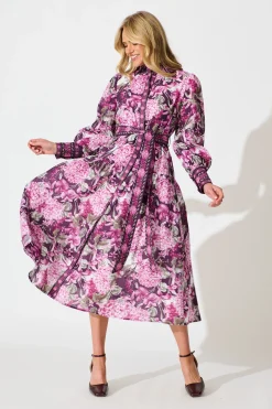 Clearance Verity Maxi Dress in Multi Plum Floral Linen Blend Dresses|Party