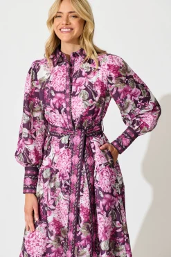 Clearance Verity Maxi Dress in Multi Plum Floral Linen Blend Dresses|Party