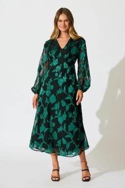 Outlet Viola Midi Dress in Black with Emerald Floral Burnout Chiffon Dresses|Party