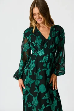 Outlet Viola Midi Dress in Black with Emerald Floral Burnout Chiffon Dresses|Party