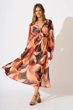 New Vista Midi Dress in Tangerine Multi Leaf Print Chiffon Dresses|Party