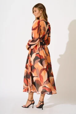 New Vista Midi Dress in Tangerine Multi Leaf Print Chiffon Dresses|Party