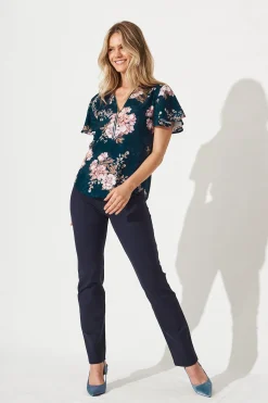 Best Viviana Zip Top In Teal With Blush Floral Tops|Workwear