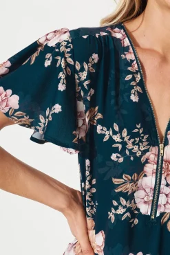 Best Viviana Zip Top In Teal With Blush Floral Tops|Workwear