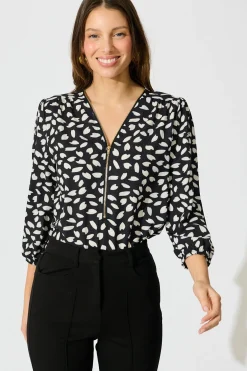 Outlet Viviani Zip Top in Black and White Leaf Tops|Workwear