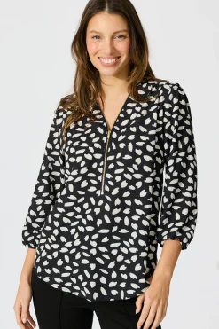 Outlet Viviani Zip Top in Black and White Leaf Tops|Workwear