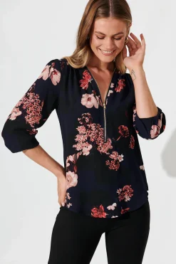 Clearance Viviani Zip Top In Navy With Pink And Blush Floral Tops|Workwear