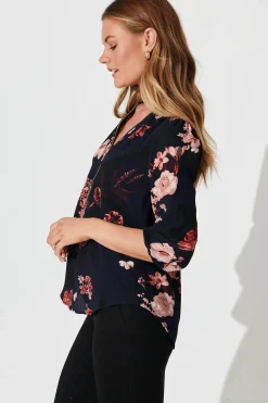 Clearance Viviani Zip Top In Navy With Pink And Blush Floral Tops|Workwear