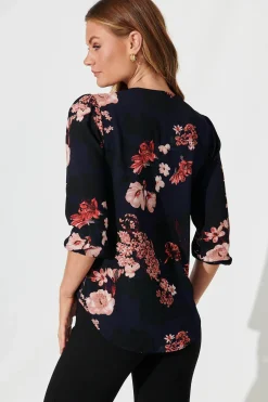 Clearance Viviani Zip Top In Navy With Pink And Blush Floral Tops|Workwear