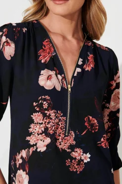 Clearance Viviani Zip Top In Navy With Pink And Blush Floral Tops|Workwear
