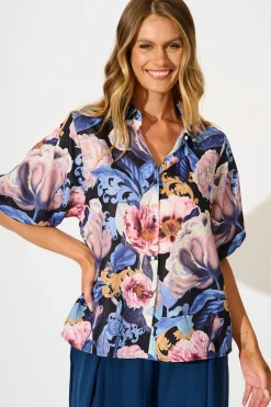 Hot Whimsical Shirt in Multi Blue Floral Linen Blend Tops|Party & Occasion
