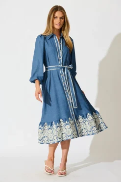 Sale Whisper Midi Shirt Dress in Blue Chambray Embroidery Dresses|Casual
