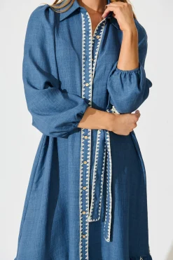 Sale Whisper Midi Shirt Dress in Blue Chambray Embroidery Dresses|Casual