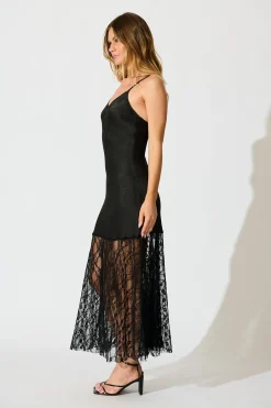 Clearance Whispers of Lace Maxi Dress in Black Satin Dresses|Party