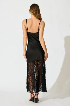 Clearance Whispers of Lace Maxi Dress in Black Satin Dresses|Party