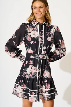 Clearance Wild Flower Muse Shirt Dress in Black with Blush Floral Dresses|Party