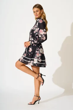 Clearance Wild Flower Muse Shirt Dress in Black with Blush Floral Dresses|Party
