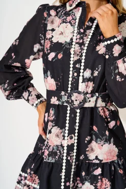Clearance Wild Flower Muse Shirt Dress in Black with Blush Floral Dresses|Party