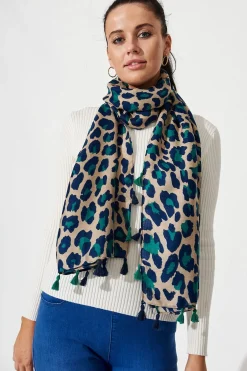 Fashion Wild Side Scarf In Beige With Green And Blue Leopard Print Scarves
